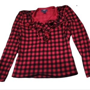Chaps Denim Buffalo Plaid Ruffled Blouse Jrs Med 100% Cotton